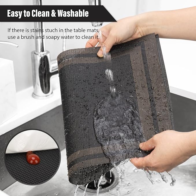Winknowl Placemats Set of 8，Heat Resistant Woven Vinyl Washable PVC Place Mats，Non-Slip Stain Resistant Indoor/Outdoor Table Mats for Dining Table (Black Brown)