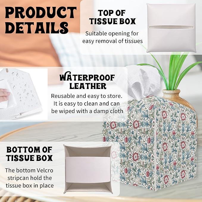 Retro Flowers Square Tissue Box Holder Cover, Tissue Cube Box Organizer for Bathroom, Living Room, Office, Countertop, Car, Night Stands, Modern Home Desk Tabletop Decor - A09