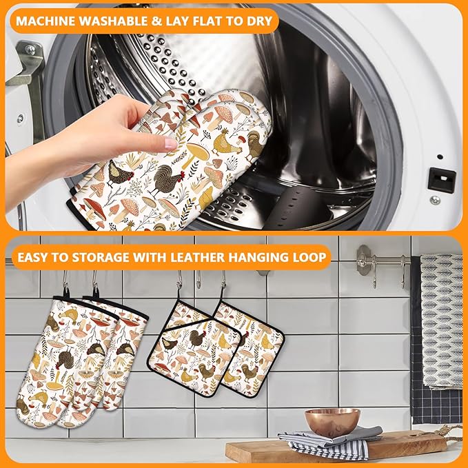 Rooster Oven Mitts and Pot Holders Sets 4Pcs,Extra Long Oven Gloves Potholder for Kitchen Cooking Baking BBQ 100% Cotton Heat Resistant