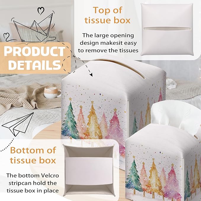 Christmas Tissue Box Holder, Colorful Christmas Tree Leather Tissue Box Cover Square, Paper Facial Decorative Tissues Cover for Night Stands Bathroom Kitchen Office Car Home Decor-B18