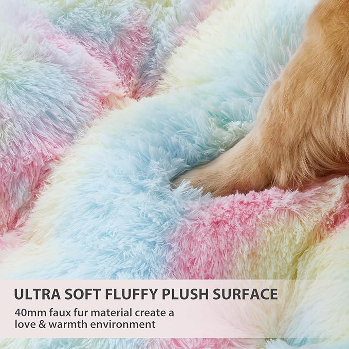 BFPETHOME Dog Beds for Large Dogs, Plush Dog Crate Bed Fluffy Cozy Kennel Pad for Sleeping &Ease Anxiety, Washable Pet Mats with Anti-Slip Bottom for Large Dogs, Rainbow