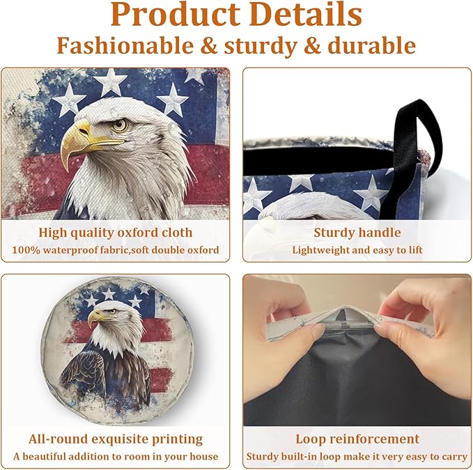 American Flag Eagle Laundry Basket with Sturdy Handles, Memorial Day Patriotic Collapsible Oxford Cloth Laundry Hamper Organizer Basket for Bathroom Bedroom 15.7x20 Inch