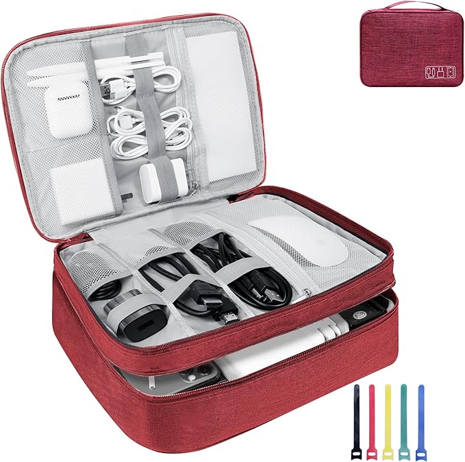 Lcsmaokin Electronics Travel Organizer, Large Double Layer Portable Waterproof Travel Organizer Bag for Charging Cable Storage, Ipad, Power Bank, Hard Drive etc, for Travel, Business ,5pcs Cable