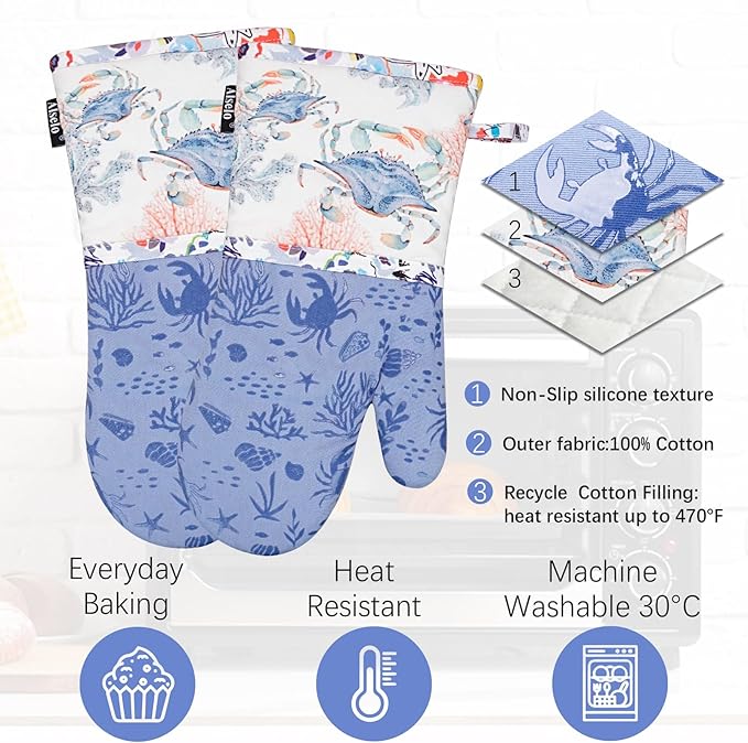 Oven Mitts, Heat Resistant with Soft Quilted Cotton Lining Set of 2, Fashion Crab Design with Silicone Printing Anti-Slip Kitchen Gloves for Safe Backing Cooking Barbecue (Lilac,Crab)