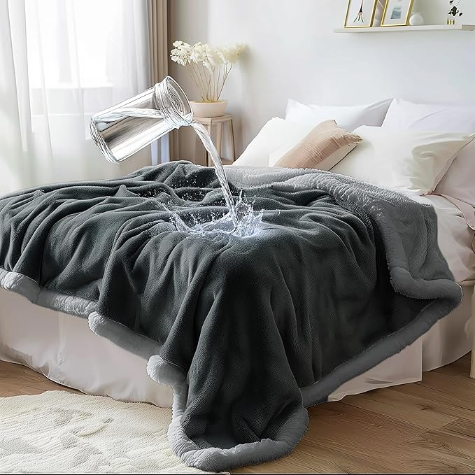 Bedding Aid Waterproof Queen Size Blanket - Sherpa Fleece Reversible Throw, Soft Warm Leak-Proof Bed & Couch Protector for Kids, Pets & Everyday Spills (Charcoal Grey/Silver Grey, Queen 90x90)