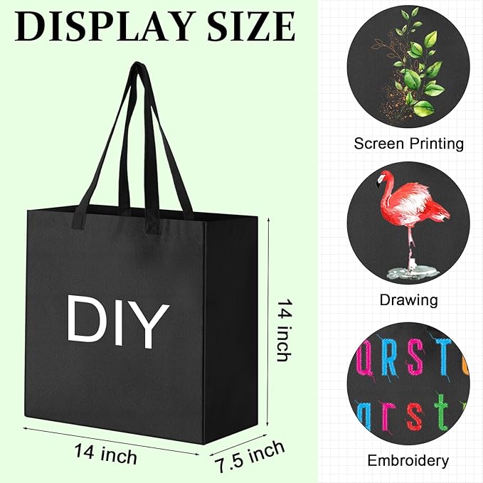Reginary 12 Pack Canvas Grocery Bag Large Blank Shopping Tote Bags Reusable Pouches Bulk with Handle, 14 x 14 x 7.9''(Black)