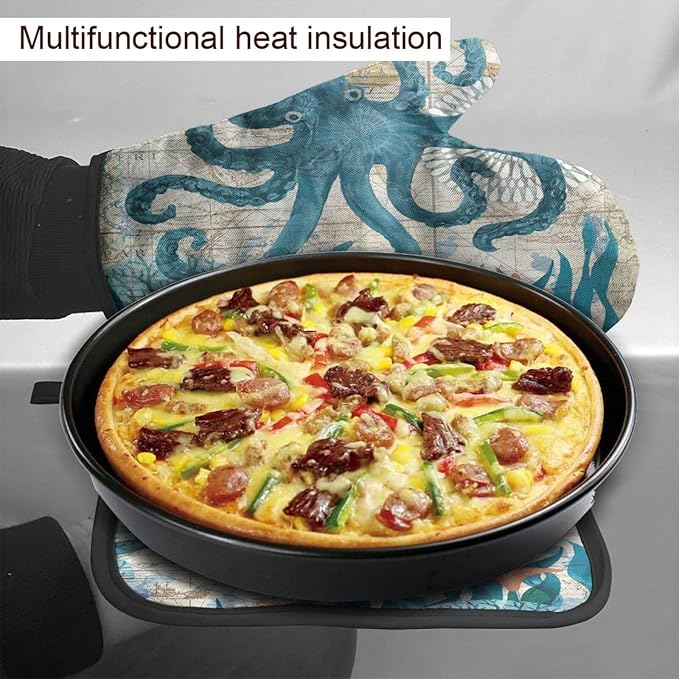Sea Octopus Nautical Retro Ocean Oven Mitts and Pot Holders Insulated Gloves & Kitchen Counter Safe Mats for Cooking BBQ Baking Grilling (2-Piece Set)
