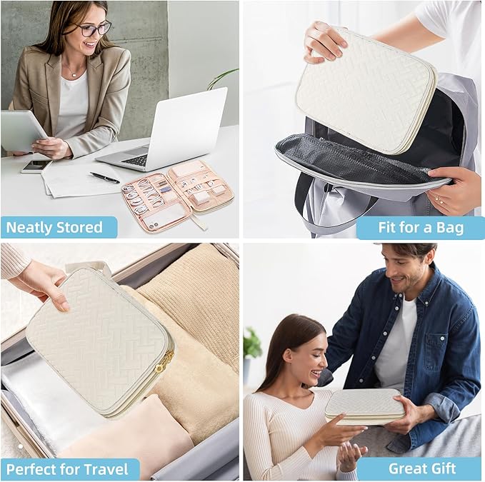 ZFZGFRCS Electronics Organizer Travel Case, Charger Bag Cord Organizer Travel, All-in-One Cable Organizer Bag for Charger, Cords, Phone, Headphones, Flash Drive, SD Card (Beige, Large-Double Layer)