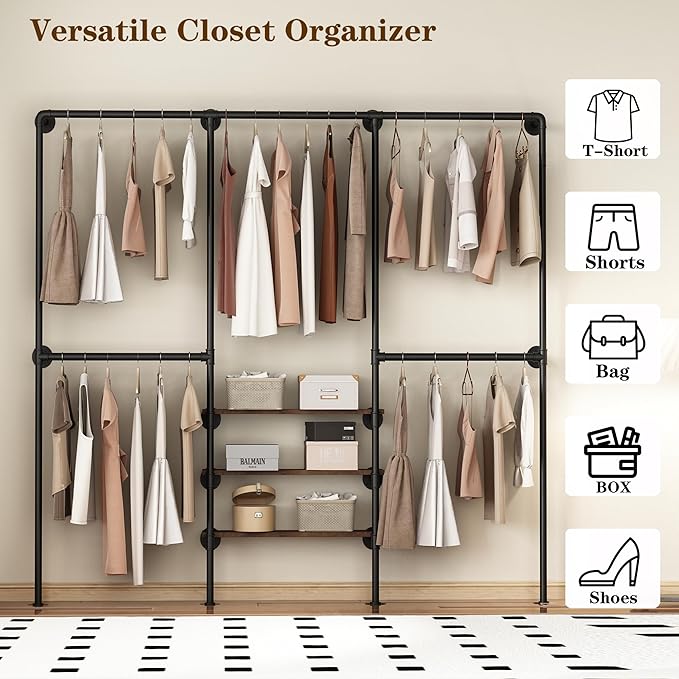 KAILNKISS Industrial Pipe Clothing Rack, Wall Mounted Clothes Rack, Heavy Duty Closet Organizers Wardrobe Multi-Purpose Storage Clothes Hanging Shelf-94.5''L Black