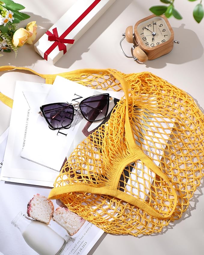 Eccliy 12 Pcs Reusable Mesh Grocery Bags Portable Cotton Produce Containers Washable Net Mesh Tote Bag Handle String Shopping(Yellow)