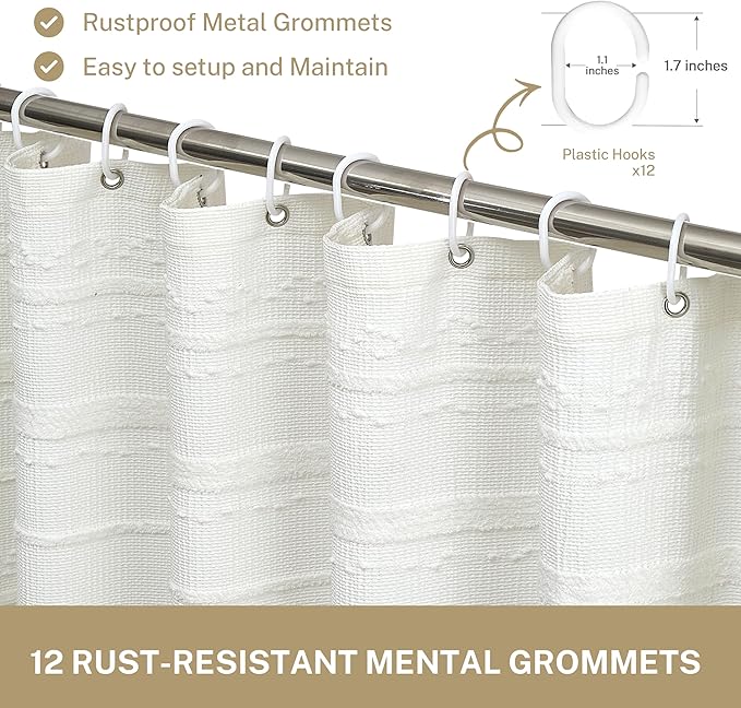 Lameirose Extra Long Farmhouse White Shower Curtain Boho, 72 x 84 Cotton Blend Tufted Weave Waffle Stripe Textured Heavy Duty, Fabric Shower Curtain for Bathroom, Hotel