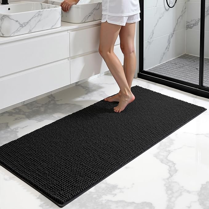 SUBRTEX Bathroom Rugs, 24" x 60" Chenille Bath Rug Soft Short Plush Bath Mat Soft Shower Mat Water Absorbent Shower Mat Quick Dry Machine Washable, Black