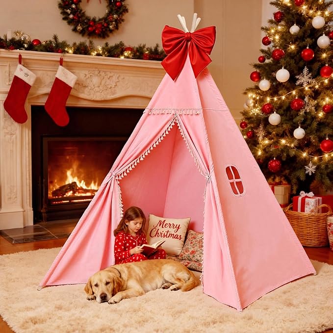 Sumbababy Large Teepee Tent for Kids Indoor - Cotton Canvas Slumber Play Tents for Adults - Foldable Sleepover Tents for Girls Boys Party Gift Toy, Pink