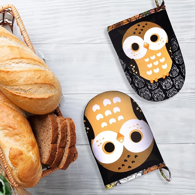 Mini Oven Mitts Cute,Silicone Oven Mitts Heat Resistant 500℉ with Non-Slip Grip and Soft Quilted Cotton Lining for Kitchen Cooking and Baking. Machine Washable-Owls Black