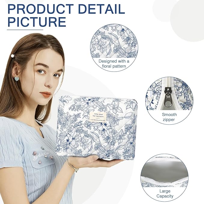 Gosect Floral Makeup Bag, Small Cosmetic Bag for Women Girls, Cute Cotton Makeup Bag, Quilted Makeup Bags, Flower Travel Toiletry Organizer Bag(Navy Blue)