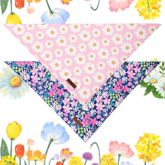Lionet Paws Summer Floral 2pcs Dog Bandanas, Pink Daisy Dog Scarf Bib Premium Fabric, Blue Blossoms Bandanas for Small Dogs Pets