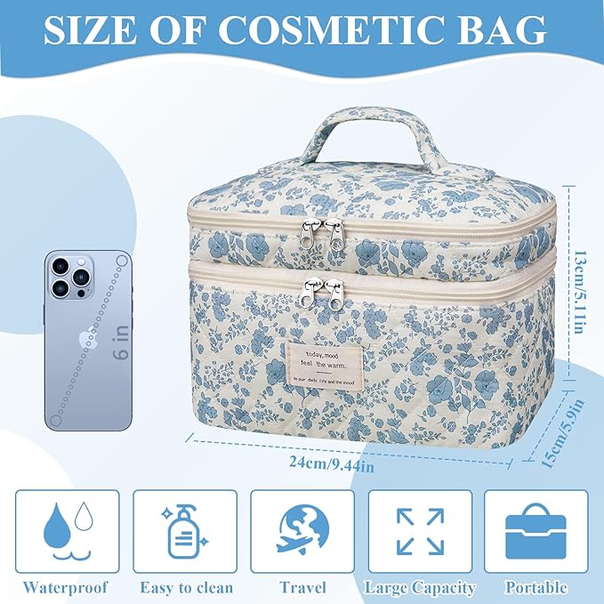 Makeup bag, Large Cosmetic Bag for Women Girls, Cute Quilted Makeup Bags, Floral Coquette Aesthetic Toiletry Bag, Travel Make Up Organizer Bag (Cherry)