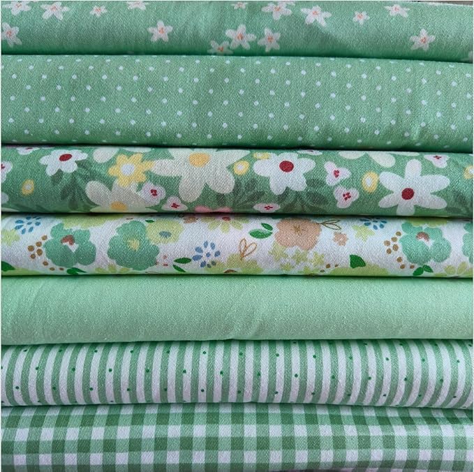 7Pcs 9.8" x 9.8"(25 * 25CM) Cotton Fabric DIY Making Supplies Quilting Patchwork Fabric Fat Quarter Bundles DIY for Quilting Cotton Patchwork Cushions (7pcs Green Flowers, 9.8" x 9.8")