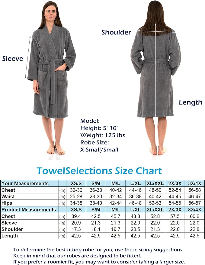 TowelSelections Womens Robe Cotton Kimono Bathrobe for Women Knee Length Terry Cloth Towel Robes for Women XS to 4X
