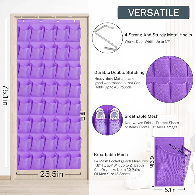 Hualleko 40-Pocket Over the Door Shoe Organizer - Large Mesh Pocket Hanging Shoe Organizer,Behind the Door Shoes Storage Holder Hanger