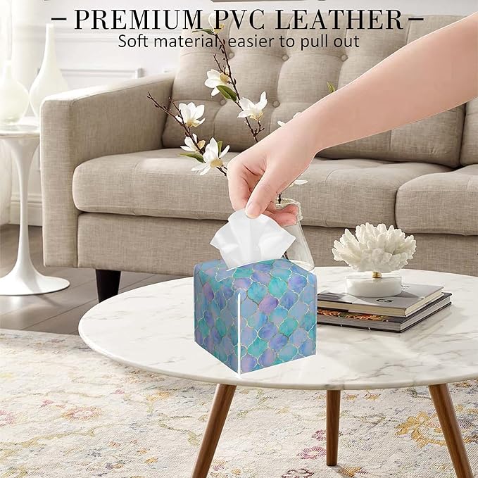 POIUBLE Tissue Box Holder Teal and Purple Moroccan Quatrefoil Tissue Box Cover Square Leather Tissue Holder Organizer Portable Decorative Facial Paper Case for Home Office Bathroom Vanity Countertop