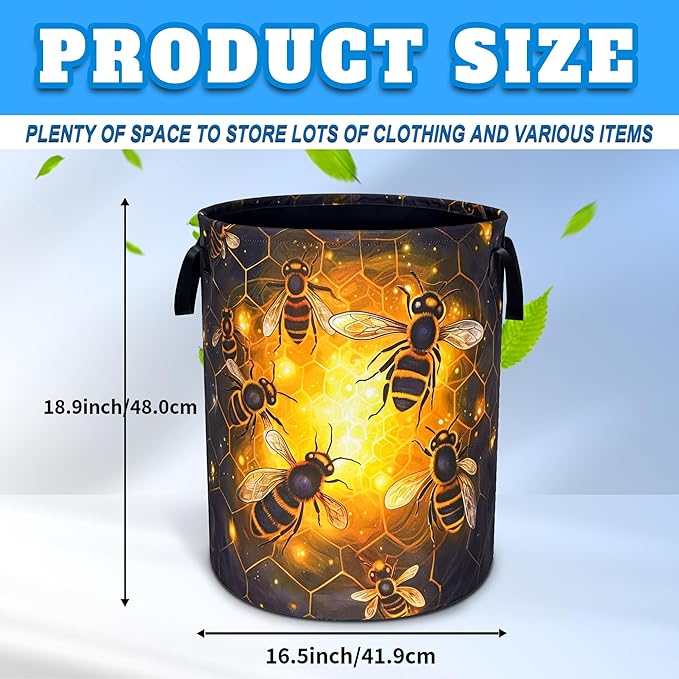 Queen Bee Laundry Basket Oxford Cloth Bee Honeycomb Laundry Hamper With Handle Foldable Portable Clothes Storage Basket 18.9 X 16.5 In Storage Bag For Laundry Room/Bathroom/Bedroom/Dormitories