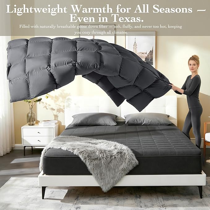 Goose Down Fiber Comforter King Size – All Season Naturally Breathable Down Comforters, Luxury Hotel Collection Duvet Insert with 8 Corner Tabs, Cotton Fabric & Baffle Box (Dark Gray,65oz)