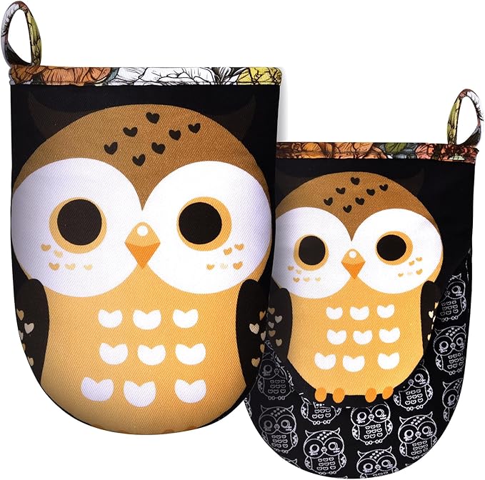Mini Oven Mitts Cute,Silicone Oven Mitts Heat Resistant 500℉ with Non-Slip Grip and Soft Quilted Cotton Lining for Kitchen Cooking and Baking. Machine Washable-Owls Black