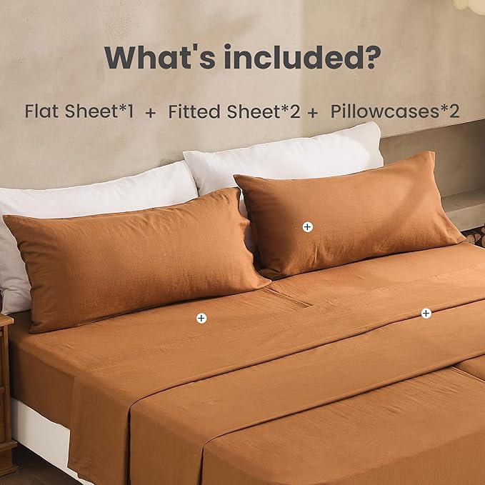 Simple&Opulence Belgian Linen Sheet Set Solid Color - 5 Pieces (1 Flat Sheet, 2 Fitted Sheets & 2 Pillowcases) Natural Flax Cotton Blend Soft Breathable Farmhouse Bedding - Split King Size, Rust