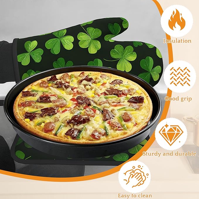Lucky Clover Oven Mitts and Pot Holders,Patrick's Day Heat Resistant Oven Mitts Gloves and Pot Holder for Home Kitchen Decorations Cooking Baking BBQ Gifts,Set of 4
