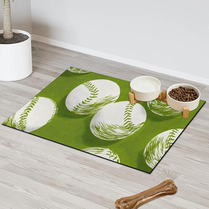 Eizlang Baseball Dog Cat Food Mat,12"x20" Inches Rapid Absorbent Pet Feeding Mat,Green Pets Placemat Water Bowl Mats with Rubber Backing,No Stains Cat Dog Feeding Mats Indoor,Pet Accessories Supplies