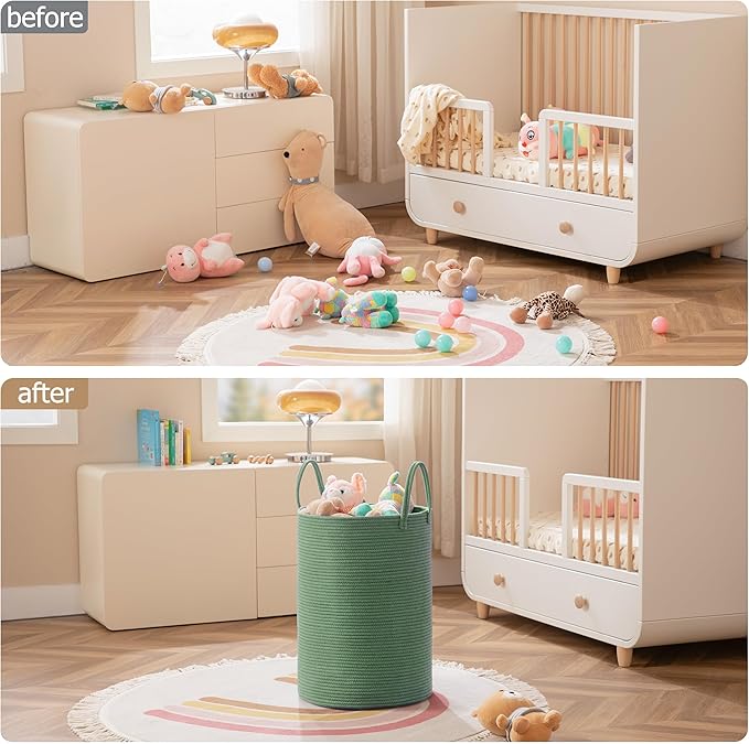Laundry Basket, 72L Woven Laundry Hamper, Baby Nursery Hamper for Toys, Blanket Basket for Living Room, Clothes Hamper for Bedroom&Baby Room, Green