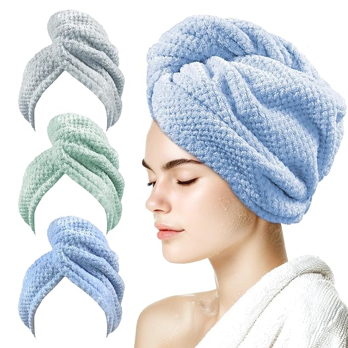 my novel things 3 Pack Microfiber Hair Towel Wrap for Women 25.4"x9.8", Super Absorbent Hair Towel Wrap, Quick Dry Hair Towels with Button for Curly Hair Anti Frizz (Blue,Green,Gray)