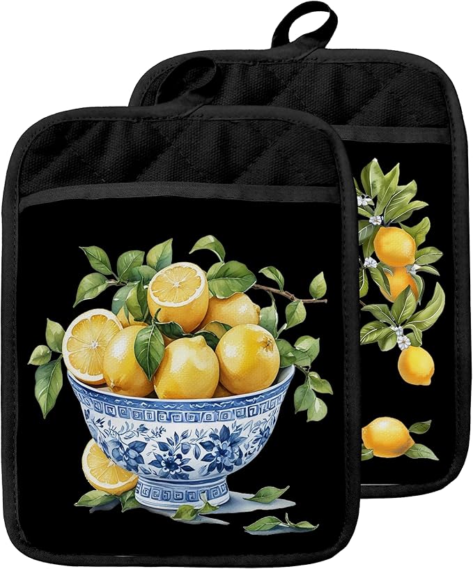 Chinoiserie Lemon Pot Holders with Pockets, Blue and White Grandmillennial Lemon Tree Oven Pot Holders Heat Resistant Oven Mitts Hot Pads for Kitchen Baking Cooking
