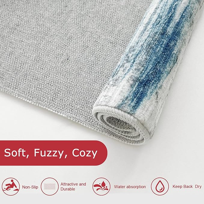 KOZYFLY Modern Abstract Hallway Runner Rug, 2.6x8 Washable Rug Runner Non-Slip Soft Striped Kitchen Runner Rugs, Print Light Blue Carpet Runner for Entryway Bathroom Laundry Room Foyer
