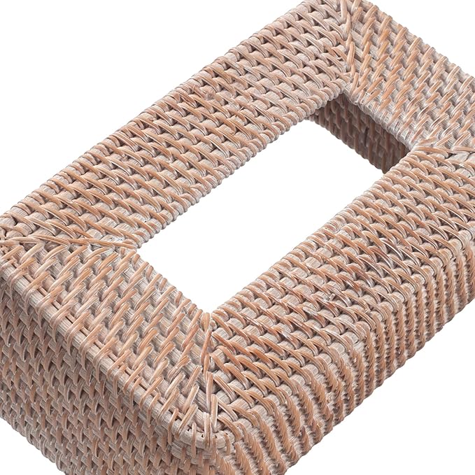 Rattan Tissue Box Cover, Rectangle Wicker Tissue Box Holder, Boho Tissue Box Cover for Living Room, Bathroom, Kitchen, Bedroom, 10.2 x 6.1 x 4.1 inch, Whitewash