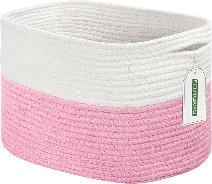 ECDYQXVU Cotton Rope Shelf Storage Basket, 15x10x9 in, Shelf Storage Baskets for Clothes, Towels, Books, Laundry (White/Pink, 1 Pack)