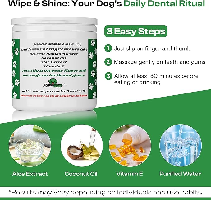 Pawsher Dog Teeth Cleaning Wipes - Natural Coconut Oil & Aloe - Dental Wipes for Dogs - No-Rinse Pet Dental Finger Wipes - 50 Count