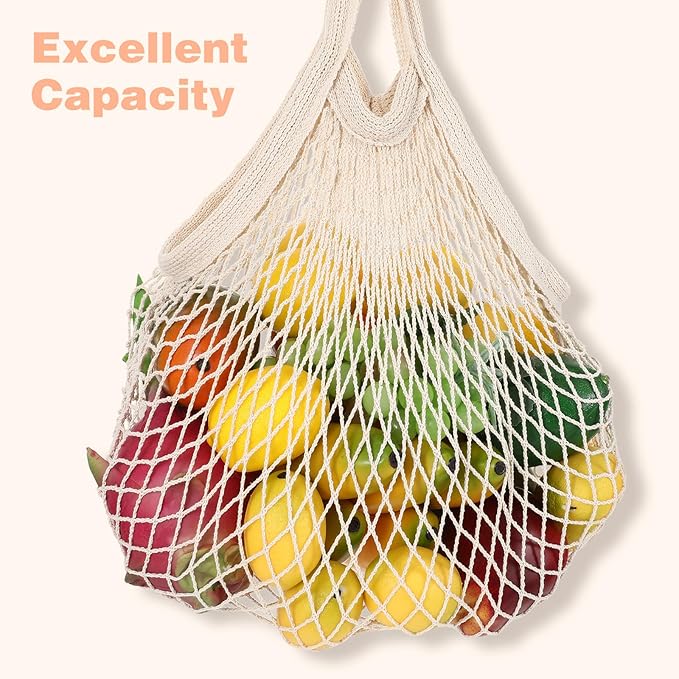 2 Pack Reusable Cotton Mesh Farmers Market Bag, Grocery Tote Net Shopping Bag, Washable Durable Portable Net String Produce Shopping Bags with Long Handle for Fruits, Vegetables, Shoppings (Beige)