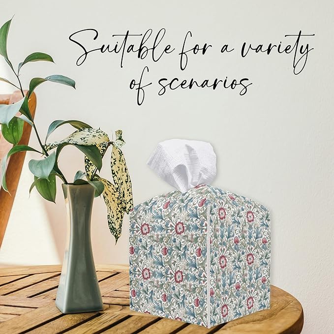 Retro Flowers Square Tissue Box Holder Cover, Tissue Cube Box Organizer for Bathroom, Living Room, Office, Countertop, Car, Night Stands, Modern Home Desk Tabletop Decor - A09