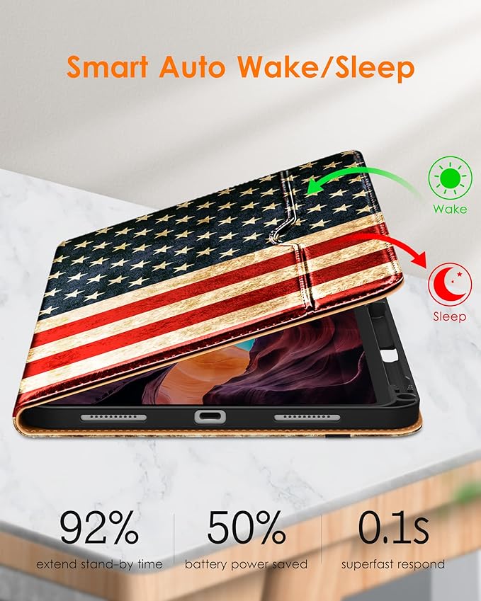DTTO for iPad (A16) 11th Generation Case 11 Inch 2025, iPad 10th Generation Case 10.9 Inch 2022, Premium Leather Business Folio Stand Cover with Pencil Holder - Auto Wake/Sleep, US Flag