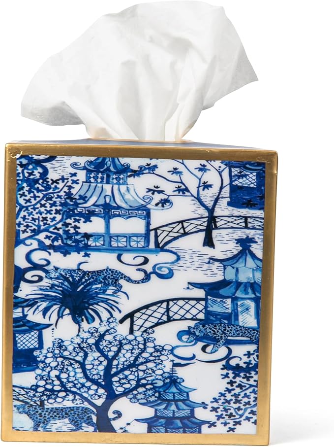 Jaye’s Studio Garden Party Line, Decorative Tissue Box Cover, White & Taupe, Gold Trim, Enameled, Handcrafted Metal, Luxury Tissue Holder, Size 6x5x5