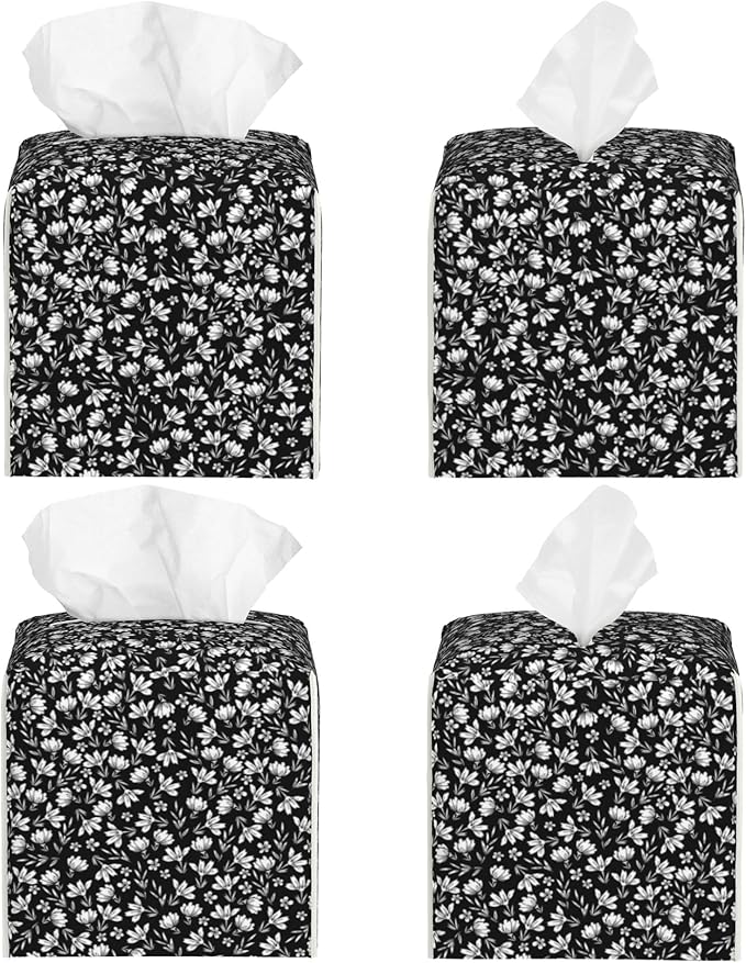 POIUBLE Leather Tissue Box Holder Black and White Flowers Tissue Box Cover Square Waterproof Tissue Holder Organizer Modern Napkin Holder for Bedroom Dresser Night Stand Office Desk