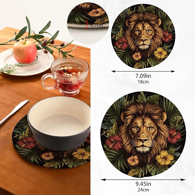 Lion Head Palm Leaves and Flowers 02 Trivets for Hot Dishes Pots and Pans Potholders Woven Trivet Cotton Round Large Pot Holder Decor Heat Resistant Hot Pads Mat for Table Counter Cooking Potho
