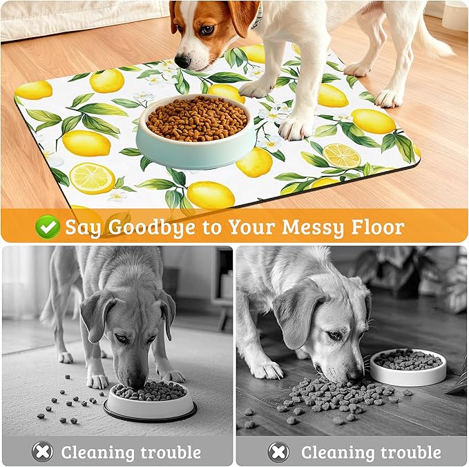 Lemon Feeding Mat,Green Leaves Absorbent Quick-Dry Cat Dog Food and Water Bowl Mats,Non-Slip Rubber Backing Mat,Cat Dog Accessories Supplies 12" x 20"