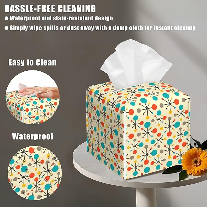 BLYKVGHQ Mid Century Modern Atomic Tissue Box Cover Square, Retro Tissue Box Holder with Bottom Belt Leather Facial Paper Organizer Dispenser for Bathroom Bedroom Dresser Night Stand Tabletop