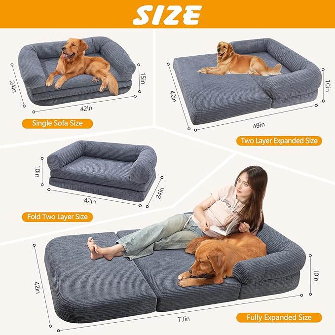 Foldable Human Dog Sofa Bed, 73x42x10 in Waterproof Corduroy Pet Bed with Egg Foam Mattress, Portable Dog Bed for Adults, Camping Indoor Use