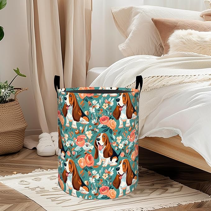 ainori Basset Hound Dog Floral Laundry Basket, Oxford Cloth Playful Dirty Clothes Collapsible Hamper for Room Decor, Puppy and Flower Print Gifts Toy Organizer 19.7*15.8 Inch for Bedroom Bathroom Dorm