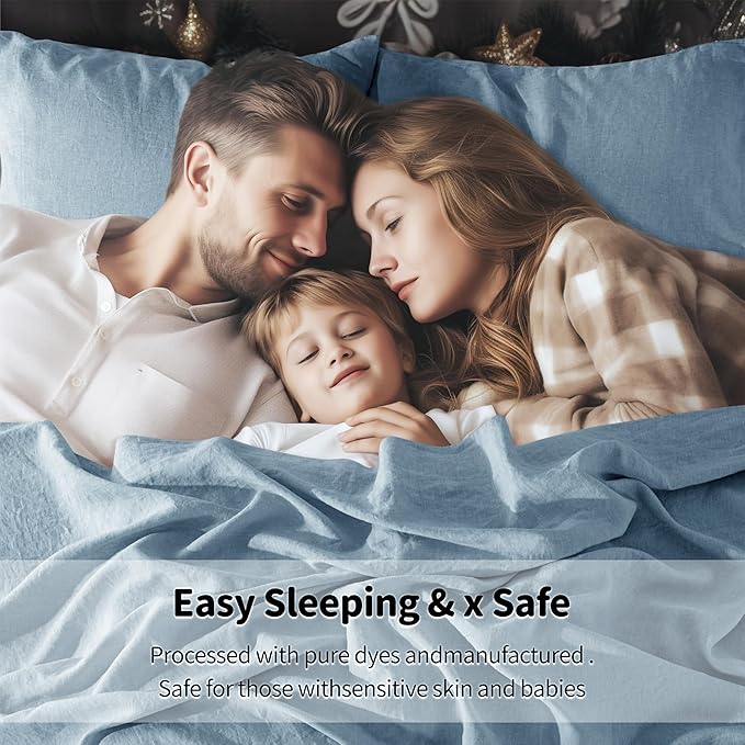 LBRO2M 100% Linen Sheet Set Queen Size,Bed Sheets 4 Piece Sets,Solid Color Natural Flax Bed Sheets Soft Breathable Bedding,16" Deep Pocket,All Season (Queen, Dusty Blue)