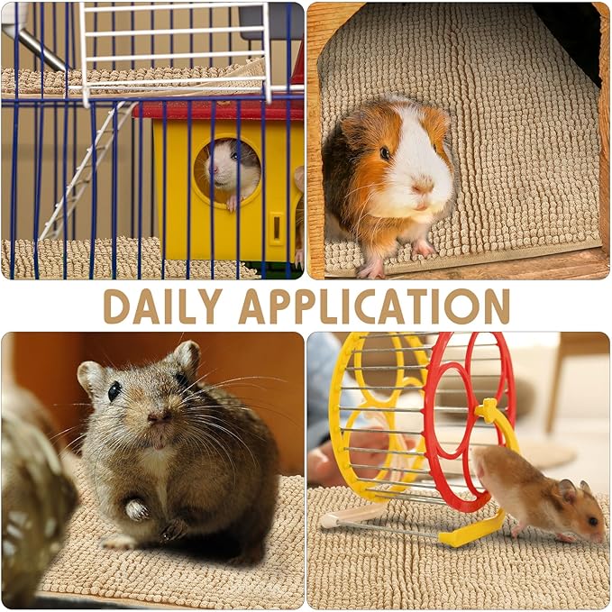 Amylove 4 Pcs Guinea Pig Cage Liner Guinea Pig Bedding Dog Door Mat for Muddy Pet Paws Washable Chenille Pee Pads Small Animal Sleeping Bed for Bunny Hamster(16 x 24 Inch,Square,Beige)